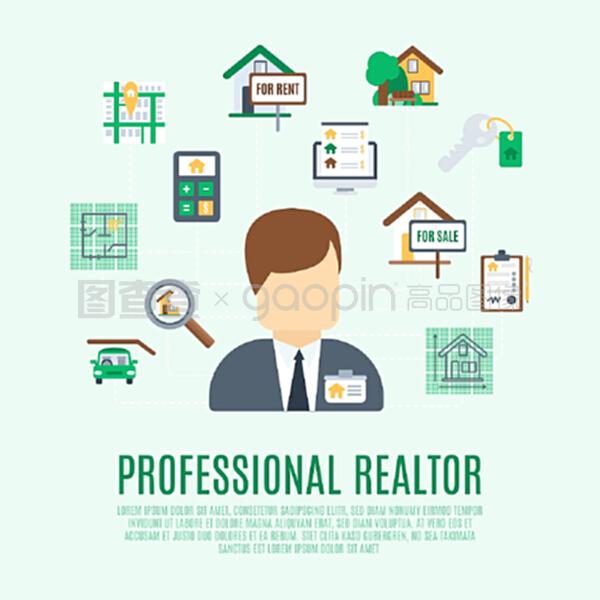 房地產(chǎn)概念與專業(yè)房地產(chǎn)經(jīng)紀(jì)人頭像和房地產(chǎn)符號矢量插圖。房地產(chǎn)概念